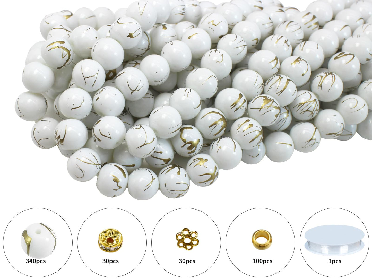 Pamir Tong 500PCS 10mm White Round Glass Beads Bracelet Space Loose Smooth Beads for Jewelry Making, Earring, Necklaces, Keychains, Lanyards & Adult Crafting