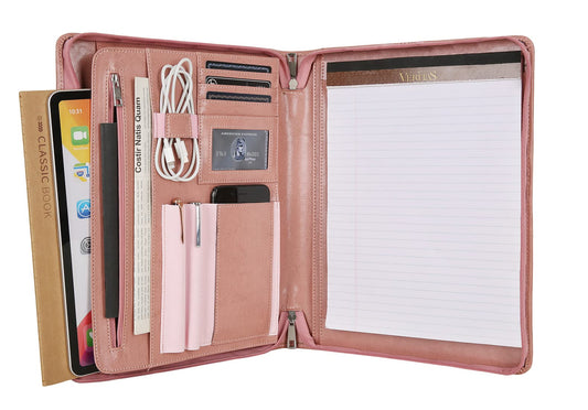 Padfolio for Women, Pink Leather Portfolio with Zipper, Vegan Leather Business Portfolio Organizer with A4 Writing Pad Holder for Resume, Interview, Meeting, Non-Custom