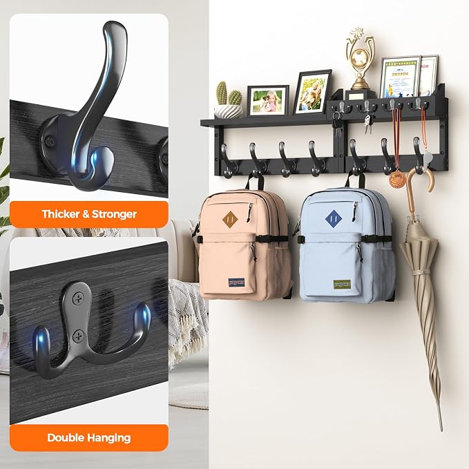 Evermagin 29" Coat Rack Wall Mount with Shelf, 4 in 1 Wall Mounted Coat and Key Hanger with 11 Hooks, Entryway Key Holder with Mail Holder for Living Room, Bedroom, Black
