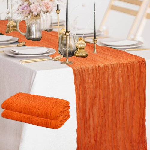 FANPROMS Cheesecloth Table Runner - 10Ft Orange Halloween Decor | Vintage Boho Style, Set of 2