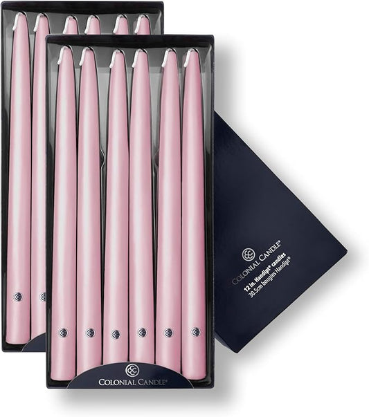 Colonial Candle Unscented Taper Candle, Handipt Collection, Persian Pink, 12 in, Pack of 12 - Up to 10 Hours Burn