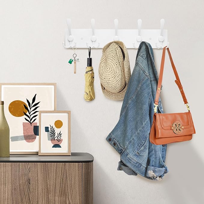 Kuhome Coat Rack Wall Mount Coat Hooks Wooden Hat Rack for Wall Hooks Pine Real Wood Plank 16.9" White Coat Hanger with 5 White Triple Hooks for Hanging Coat Hat Jacket