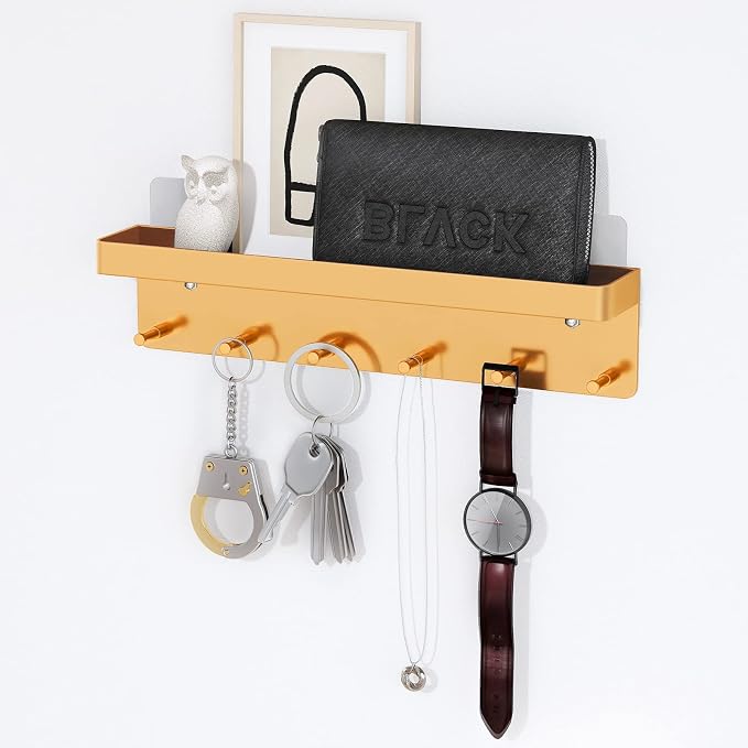 MKO Key Holder for Wall, Mail Organizer and Key Rack with Tray for Hallway, 6 Key Hooks Wall Mount Adhesive(Gold)