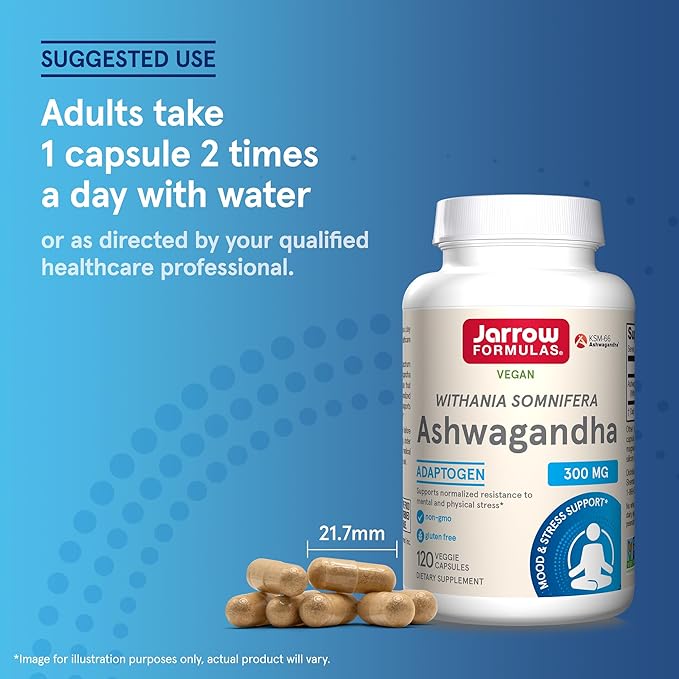Jarrow Formulas Ashwagandha 300 mg - 120 Veggie Capsules - Overall Health & Resistance to Fatigue - Supplement Supports Endurance, Muscle Recovery & Cognitive Health - 60 Servings (Pack of 12)