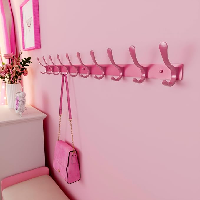 SKOLOO Coat Rack Wall Mounted - 10 Hooks, Pack of 2, Heavy Duty, Stainless Steel, Metal Wall Hanger, Sturdy Coat Hooks for Hanging Coats, Jacket, Clothes, Hat, Pink