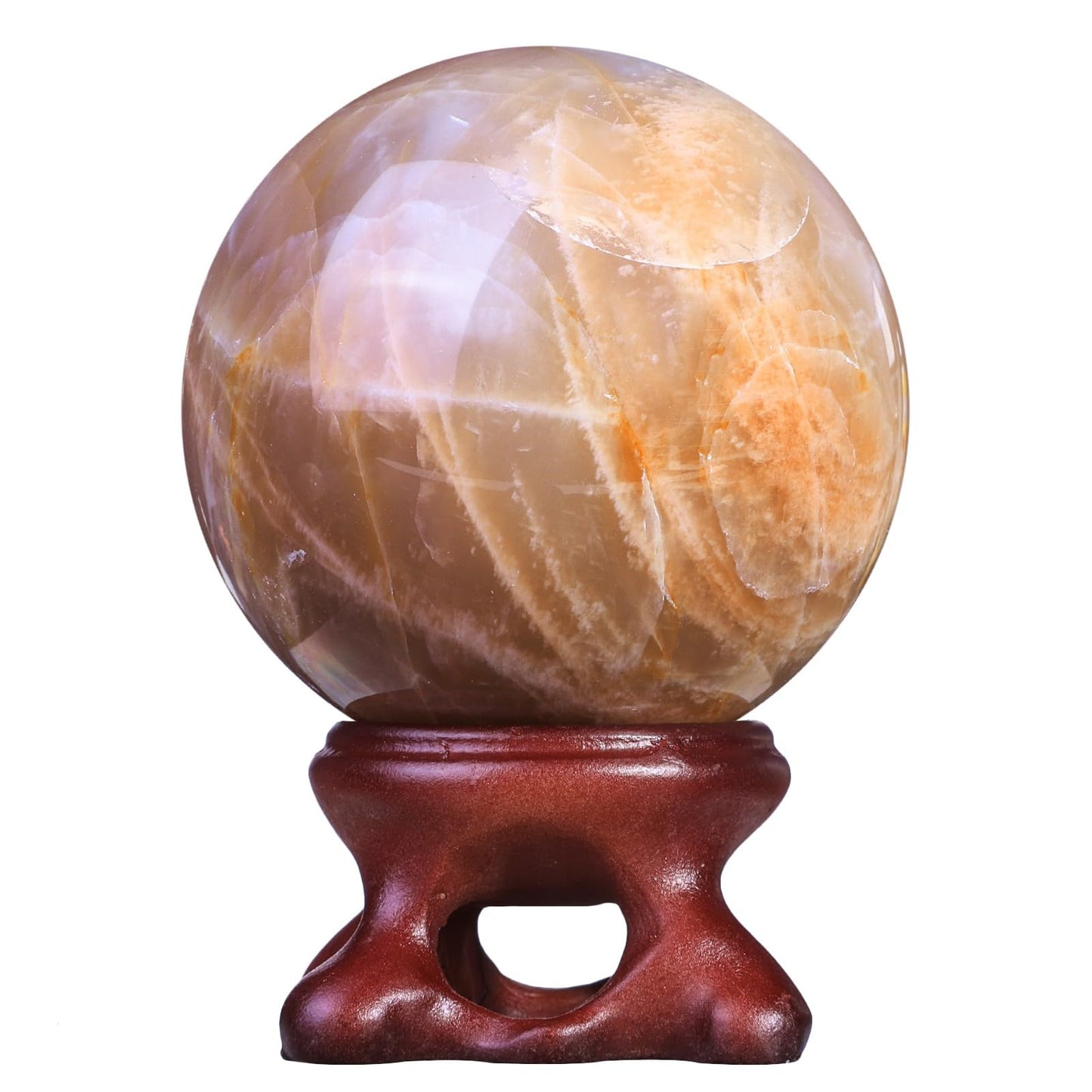 Nupuyai Natural Orange Moonstone Crystal Ball with Resin Stand, Healing Crystal Sphere for Home Decor 1.61"-1.97"(41mm-50mm)