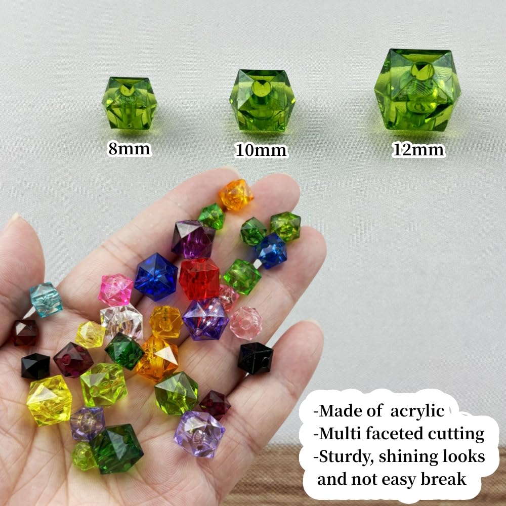 100pcs 12mm Acrylic Cube Square Faceted Acrylic Beads with Hole Plastic Spacer Beads for Bracelets Necklace Earring Making Supplies (Grass Green)