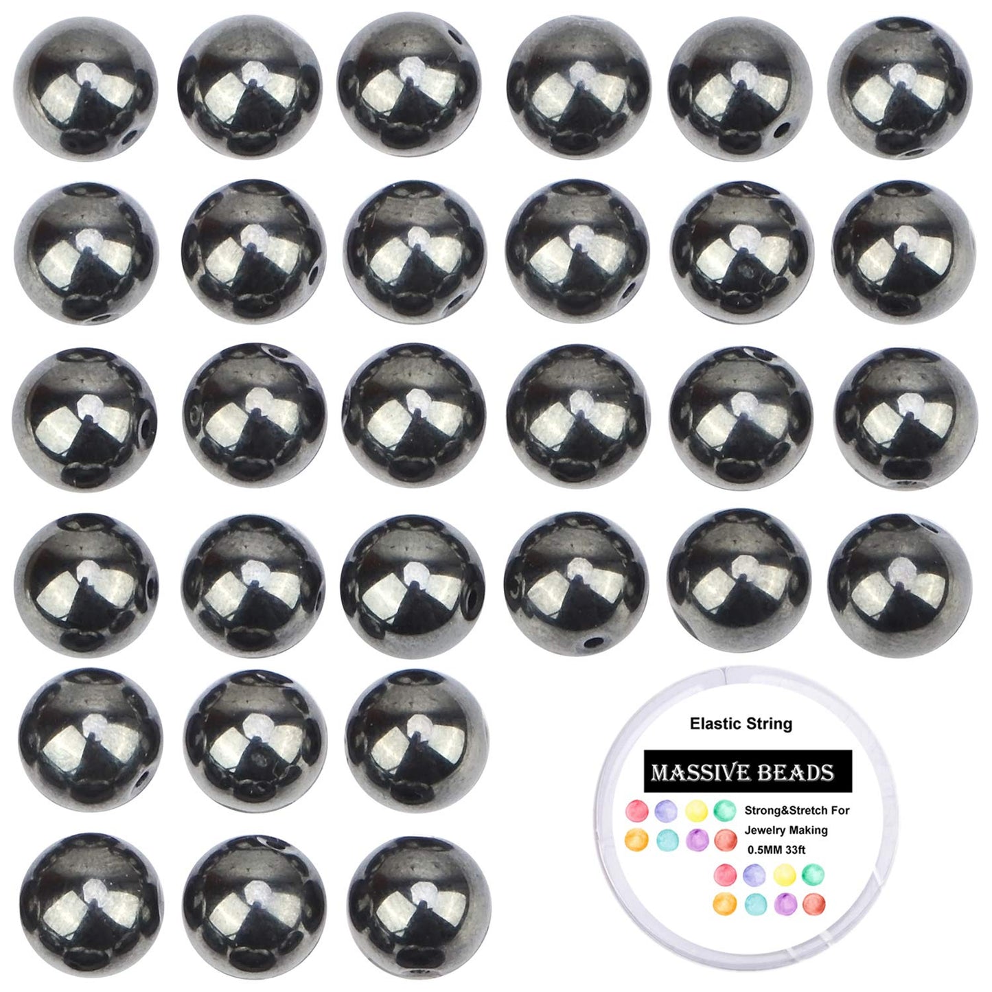 100Pcs Natural Crystal Beads Stone Gemstone Round Loose Energy Healing Beads with Free Crystal Stretch Cord for Jewelry Making (Hematite, 8MM)