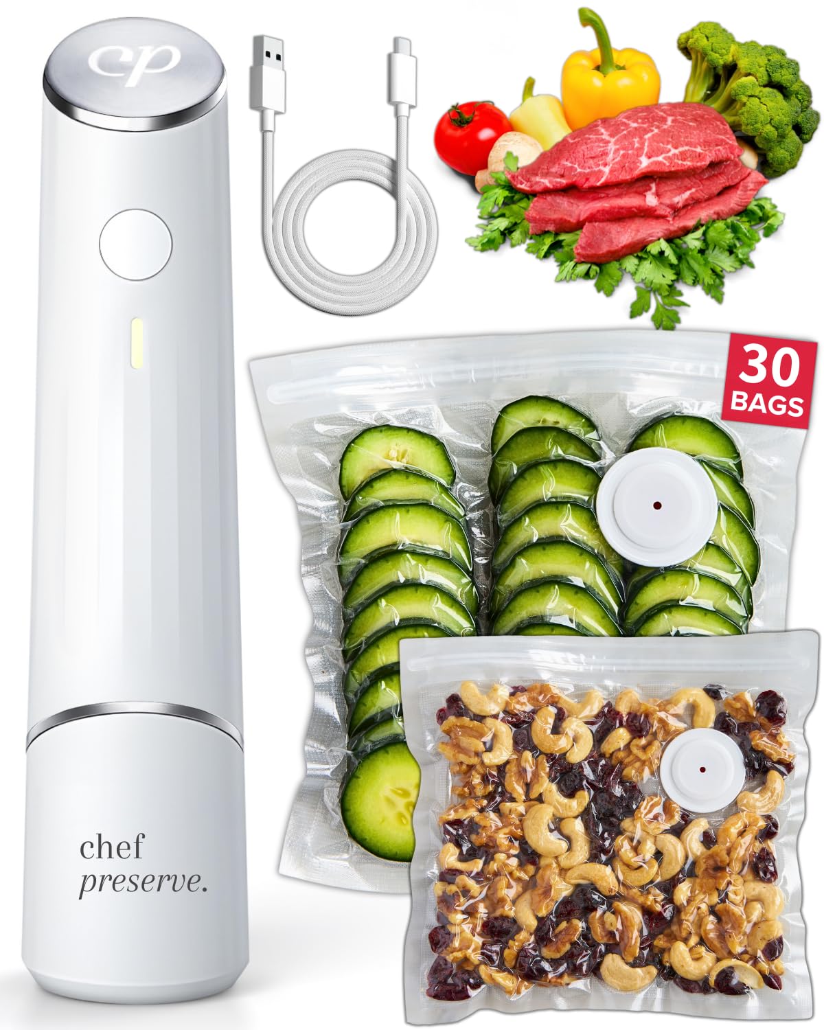 Chef Preserve Compact Vacuum Sealer for Food (Vacuum Sealer Machine + 30 Reusable Vacuum Bags) Powerful Handheld Vacuum Sealer Machine, Seal Meal Saver, Portable Food Sealer