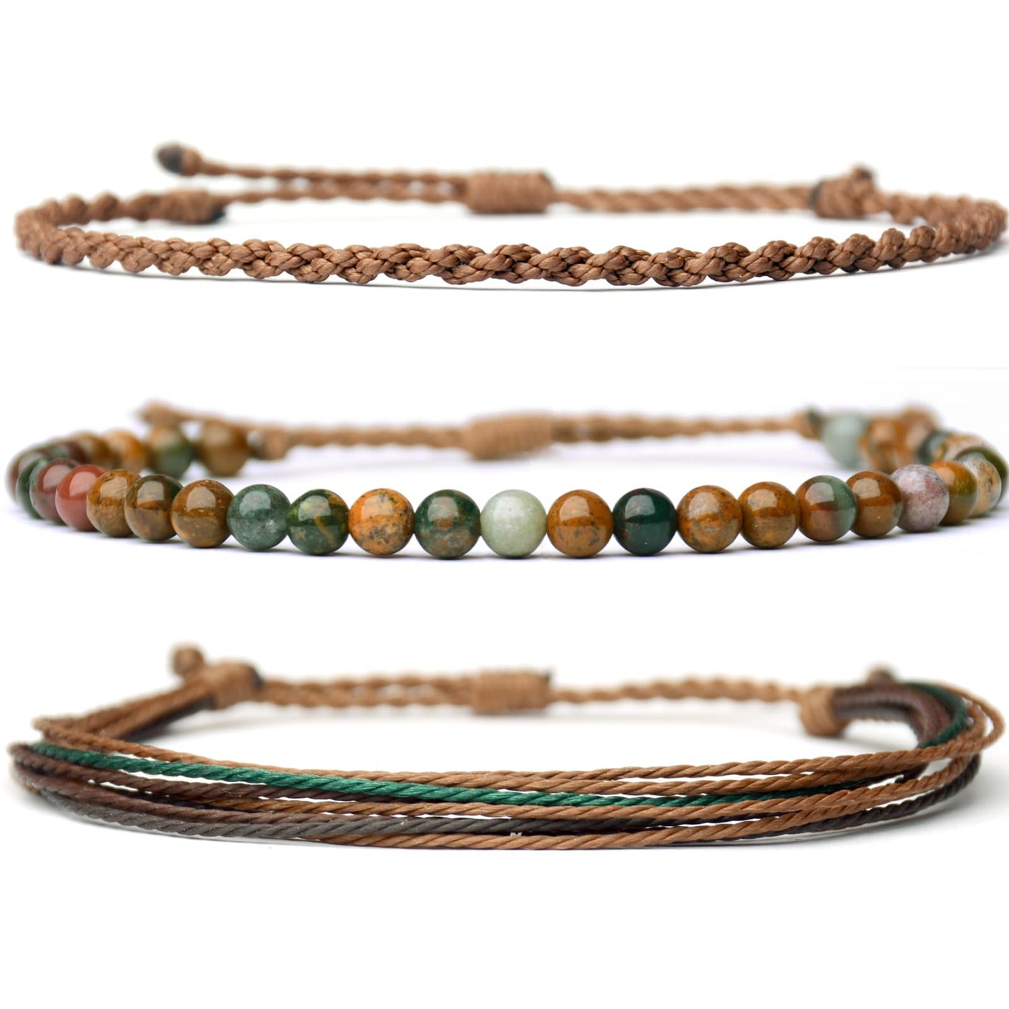 Handmade Natural Stone Beaded Healing Bracelet Gift for Men Adjustable Rope String Bracelet (Ocean Agate, Adjustable)