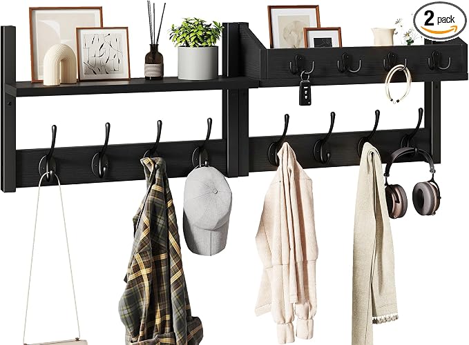 YMYNY 31.5" Coat Rack Wall Mount with Shelf, 4 in 1 Key and Coat Hanger with 12 Metal Hooks, Wall Shelf with Hooks & Mail Holder for Living Room, Bedroom, Black, HWS007B-2