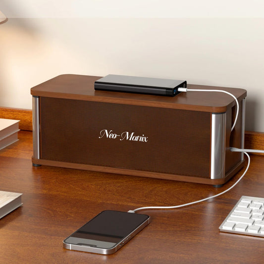 Delamu Wooden Cable Management Box, Retro-Inspired Look Desk Cord Organizer Box for Home Office, Large Cord Hider Box Hides Cords and Power Strips, Floor Cord Covers, 14.3" x 6.0" x 5.5", Dark Brown