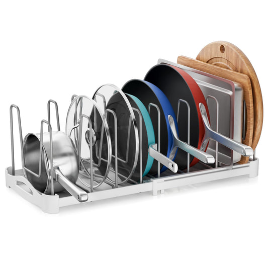 EVERIE Adjustable Bakeware Organizer Pot Lid Holder Rack for Pots, Cake Molds, Cutting Boards, Mats, Cookware, GS02SS, 7.7'' Deep by 12.6'' to 21.5'' Wide