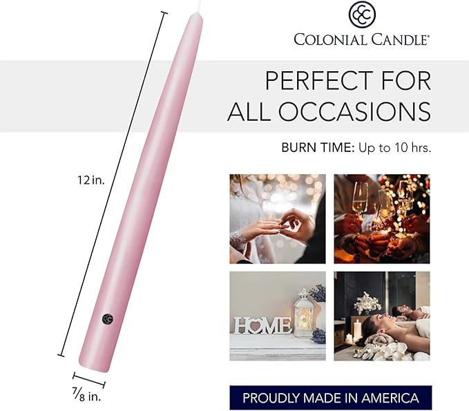 Colonial Candle Unscented Taper Candle, Handipt Collection, Persian Pink, 12 in, Pack of 12 - Up to 10 Hours Burn