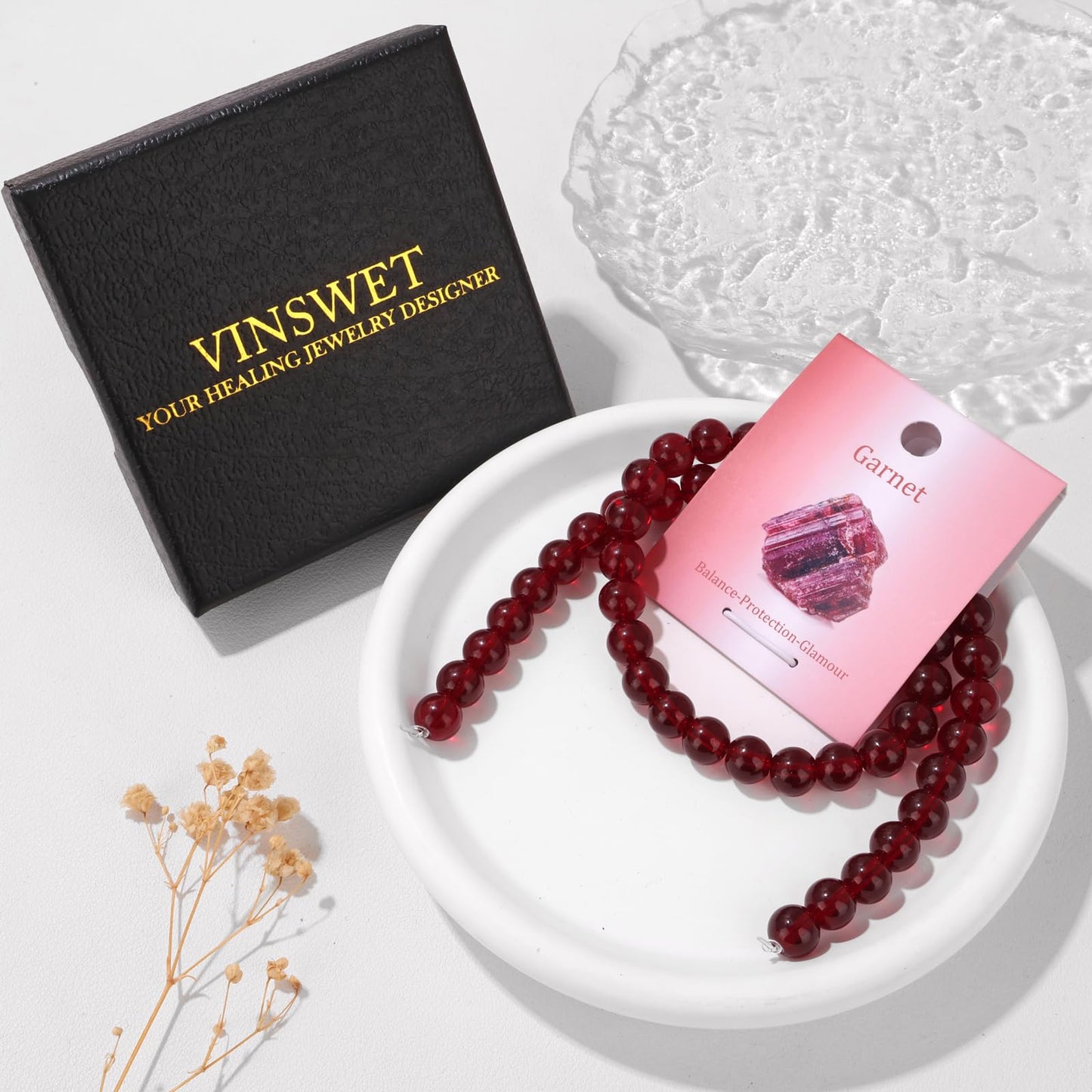 Vinswet 45pcs 8mm Garnet Natural Stone Beads Round Genuine Real Stone Beading Loose Gemstones DIY Smooth Bead for Bracelet Necklace Earrings Jewelry Making