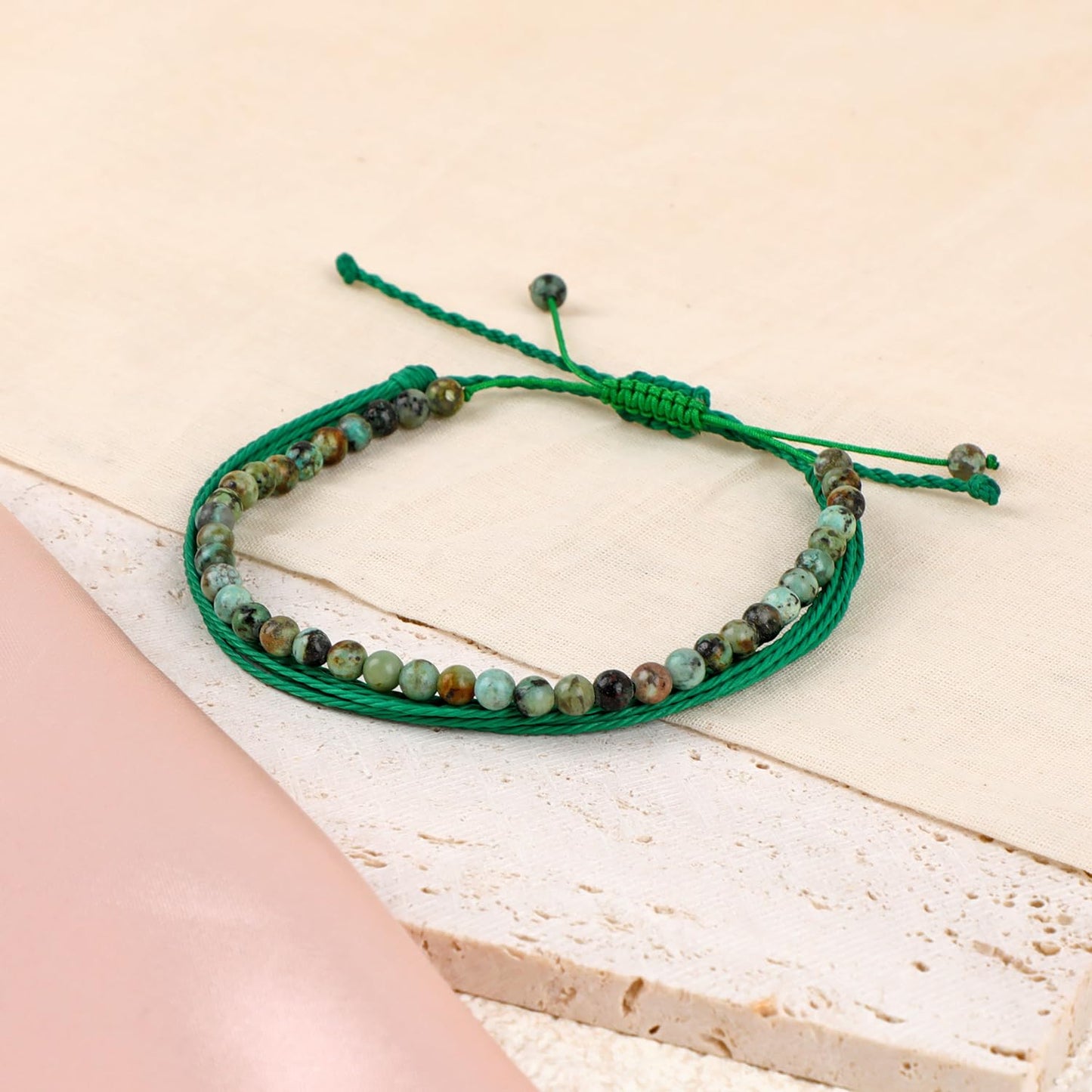 LPBeads 4mm African Turquoise Bracelet with Handmade Rope Bracelet Size Adjustable Natural Stone Crystal Healing Bracelets Gifts for Unisex Adults