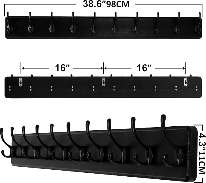 SKOLOO Rustic Wall Mounted Coat Rack, Case of 2, Pine Solid Wood Coat Hook Hanger - 10 Hooks for Hanging Clothes Robes Towels Coats