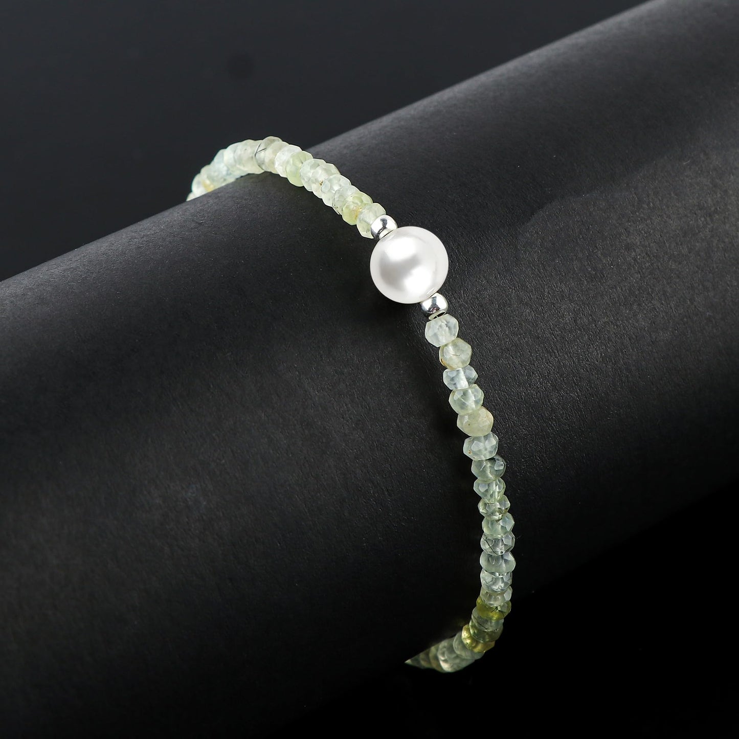 CRYSTALINES Natural Prehnite Gemstone Bolo Bracelet & Pearl, Faceted Beads Stones, Handmade Boho Hypoallergenic Jewelry, Healing Crystals, Silver Adjustable Chain 6+4inch, Minimalist Trendy Gifts