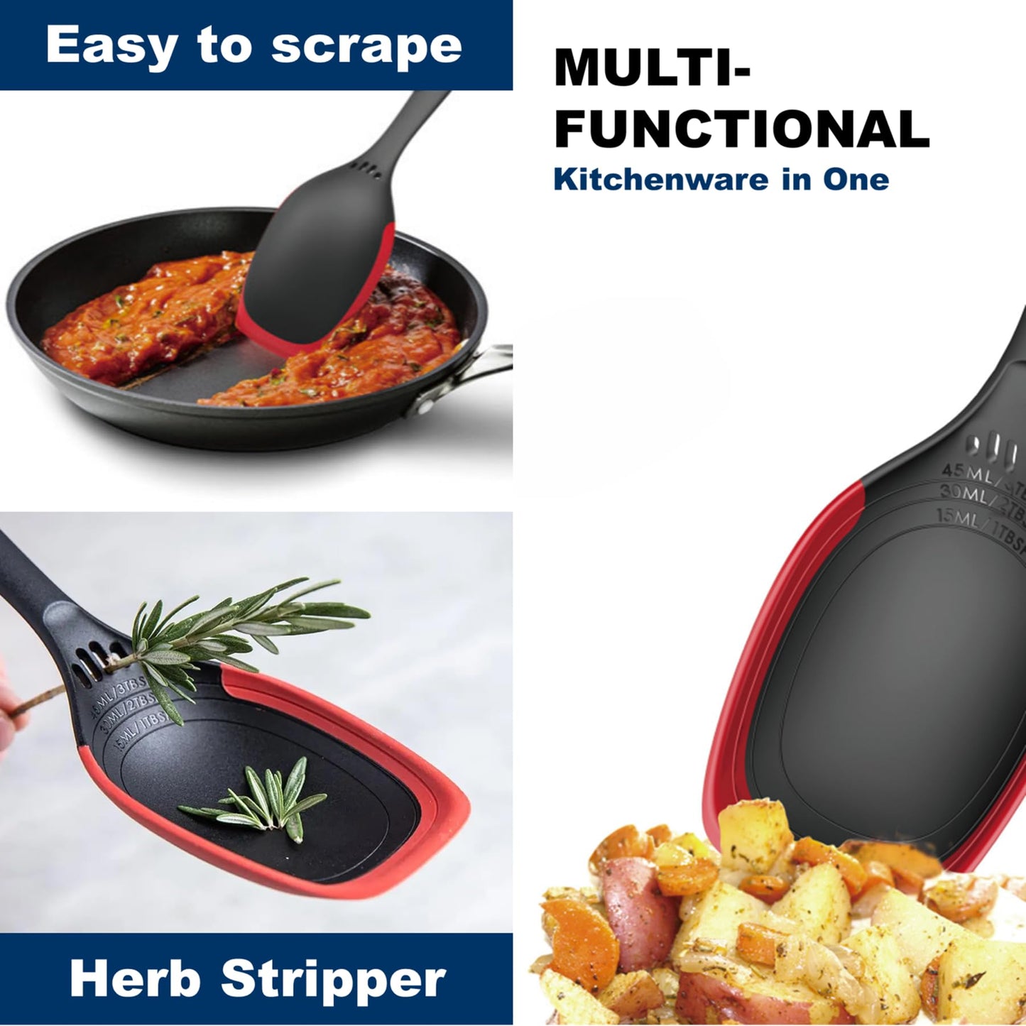 Multi-Functional Silicone Edge Cooking Spoon with Herb Stripper & Engraved Measurements – Heat Resistant, Dishwasher Safe, Non-Scratch Cookware Spoon, Red