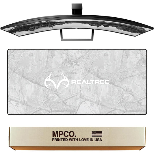 MPCO. Real Tree Large Gaming Desk Pad - 36" x 17" Duraglyde Fabric Edge Snow White – with Logo Desk Mats - Non-Slip, Washable, Smooth Glide for Precision Gaming & Work