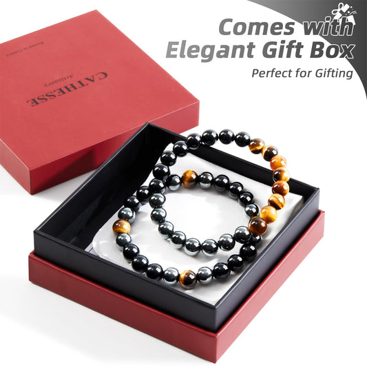 CATHESSE 2PCS Triple Protection Bracelet Set, Natural Tiger Eye Black Obsidian Hematite Beaded Stretch Bracelets for Men Women, Handmade Crystal Jewelry Gift for Stress Relief & Balance (Guardian Stack)