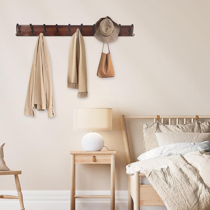Kuhome 38.6'' Large Coat Rack Wall Mount Coat Hooks Coat Hanger with 10 Metal Black Triple- Hooks Brown Pine Real Wood Plank Hat Rack for Wall Hooks for Hanging Coat Hat Jacket