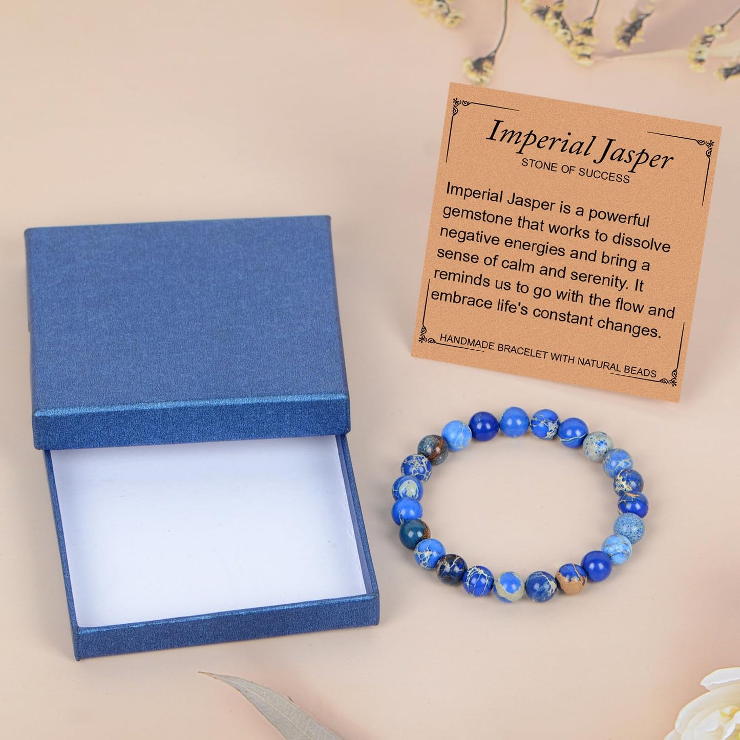 LPBeads Handmade Natural Gemstone Stretch Elastic 8mm Blue Imperial Jasper Bracelet Healing Crystal Round Stone Beads Jewelry Gifts for Women Men