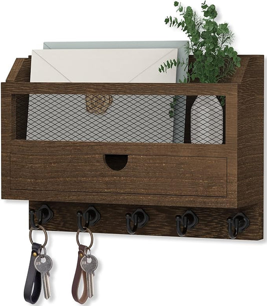 Nekon Key and Mail Holder for Wall, Key Organizer with 5 Hooks & Storage Drawer, 11" W x 7.9" H x 3.1" D Wooden Key Rack for Entryway and Home Decor (Brown)
