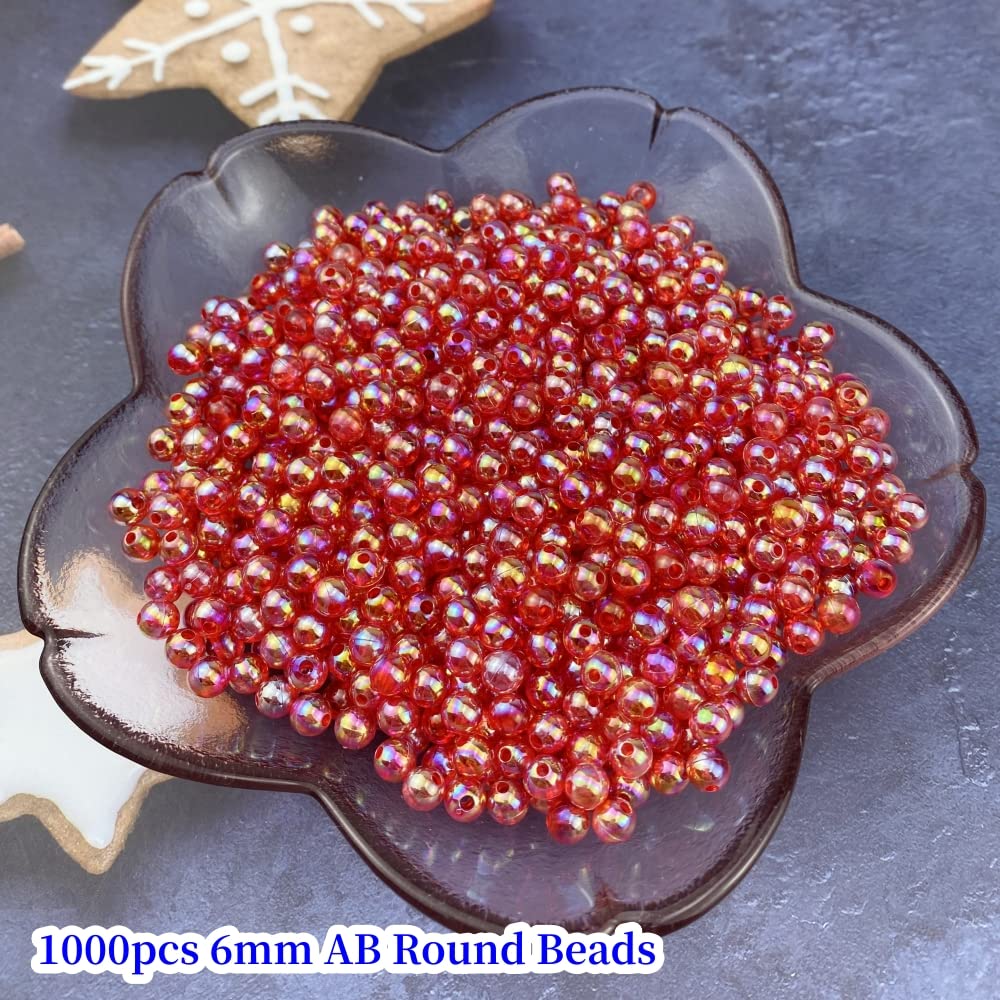 1000 Pcs 6mm Acrylic Round Beads AB Colors Round Spacer Beads for Earring Bracelet Necklace Key Chains Jewelry DIY Craft Making(Red AB)