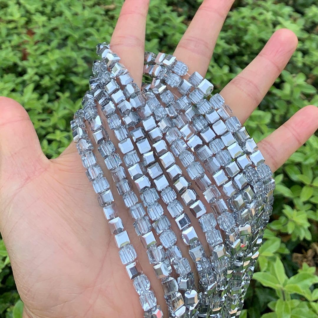200pcs Czech Faceted Cube Crystal Glass Loose Beads Spacer Bulk 6mm (0.24 Inch) Silver Shade for DIY Jewelry Craft Making CCC632