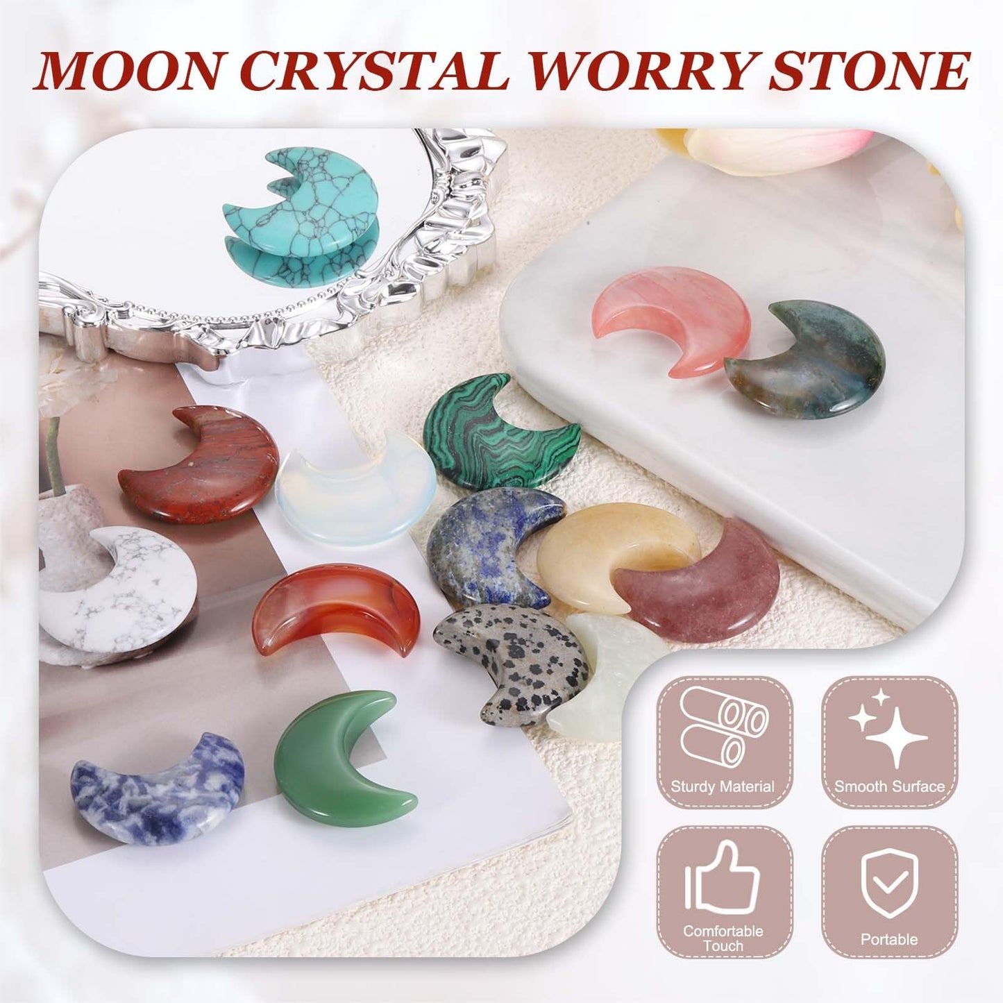 MECCANIXITY 5 Pcs Moon Crystal Worry Stone, 1.2 Inch Length Natural Light Emerald Moon Gemstone Bulk, Carved Pocket Stones for Meditation Balancing Pendant Decor
