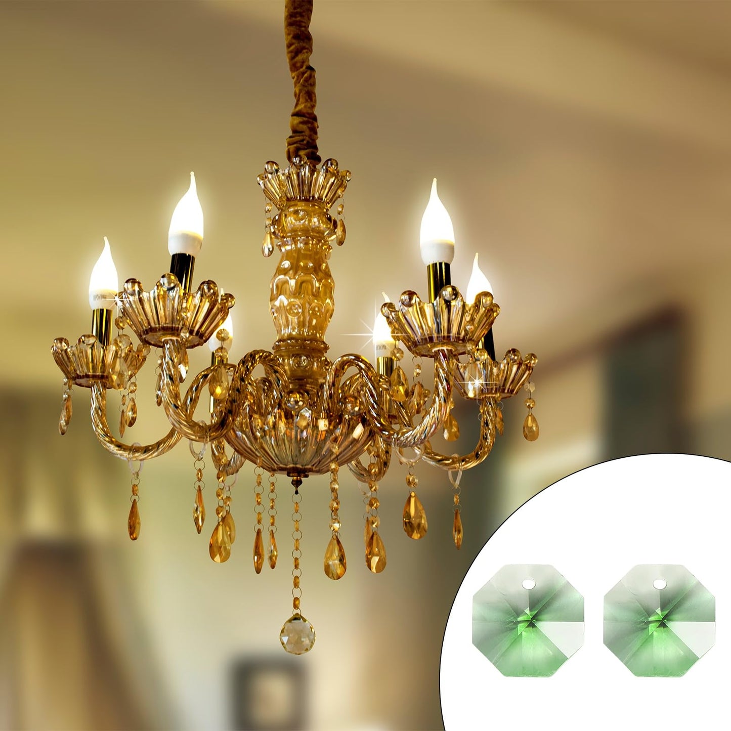 uxcell 25Pcs 1 Hole Crystal Octagon Beads, 14mm K9 Glass Hanging Chandelier Beads Prisms Parts for Crystal Chandeliers Lamp Hanging Pendant Jewelry DIY Craft, Fruit Green
