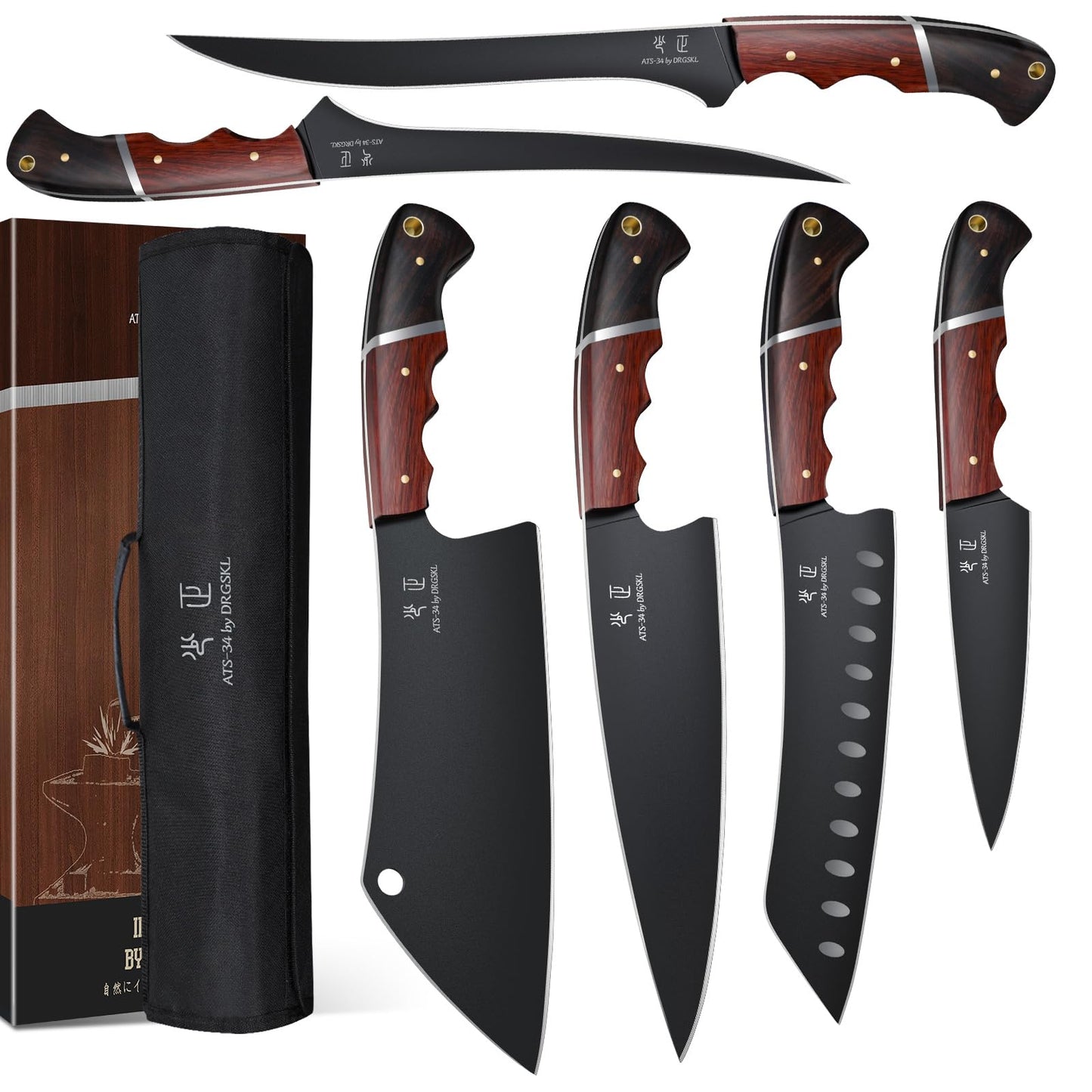 DRGSKL Kitchen Knife Set with Bag - 6 PCS Chef Knife Set - Cleaver, Boning, Fillet, Santoku, Kitchent Utility Knife, Chef Knife with Full Tang Wooden Handle, Butcher Knife Set for Men, Ideal Gift