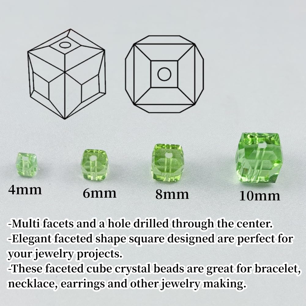 YUEXIGO 200pcs 4mm Cube Crystal Glass Beads for Jewelry Making Faceted Square Crystal Glass Bead Spacer Beads Loose Beads for Bracelet Earring Necklace DIY Craft(Light Green)