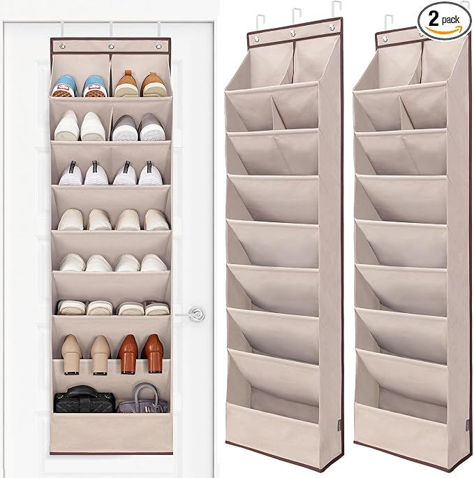 STORAGE MANIAC Over the Door Shoe Organizer Heavy-Duty Large Deep Pocket Hanging Shoe Organizer Shoe Rack Door Closet Shoe Organizer for Wall, Dorm & Narrow Door Storage Shoe Holder Oat Beige, 2 Pack