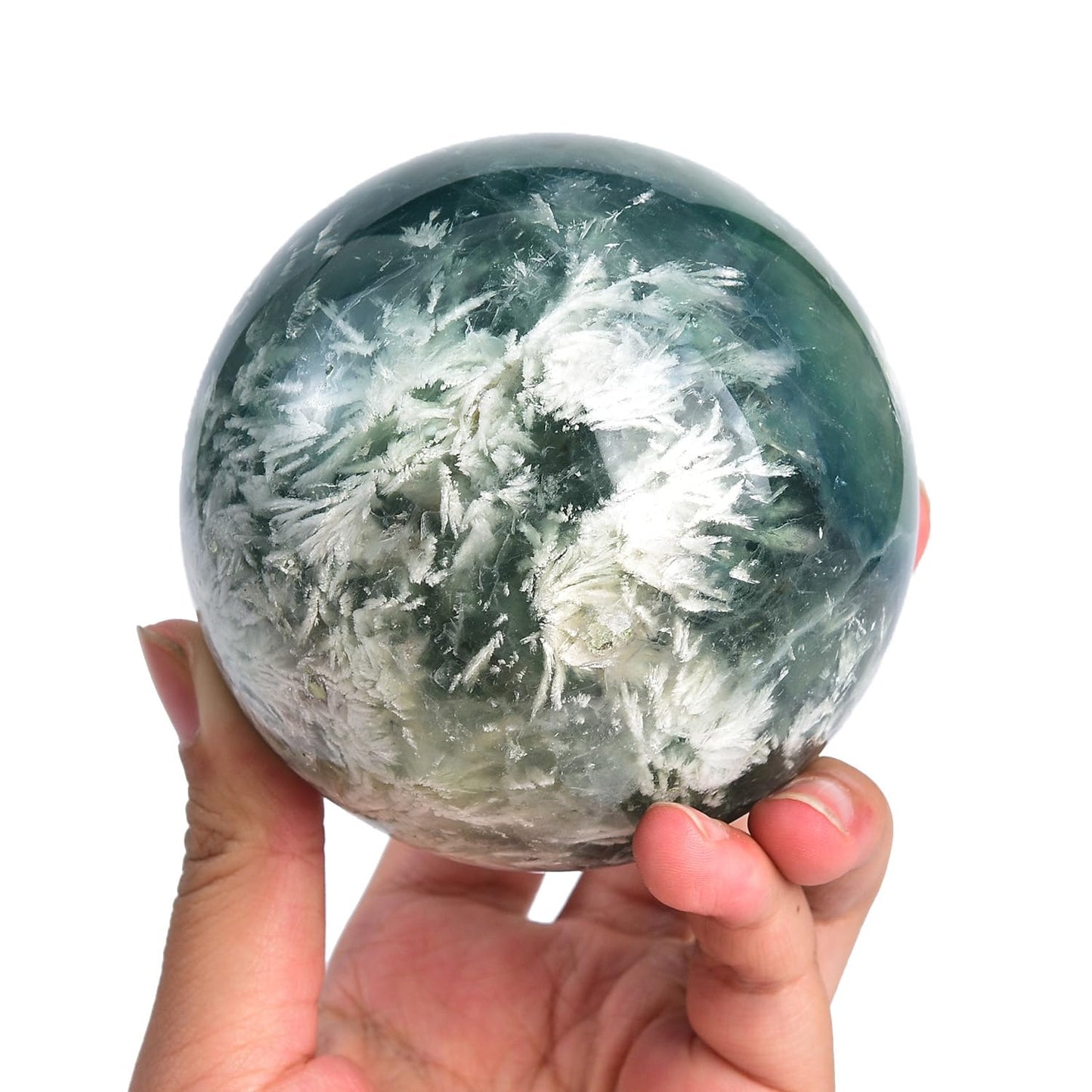 JIC Gem 3.1-3.5 inch(80-90mm) Large Crystal Ball Feather Fluorite Healing Crystals Sphere with Wooden Stand Meditation Home Decor