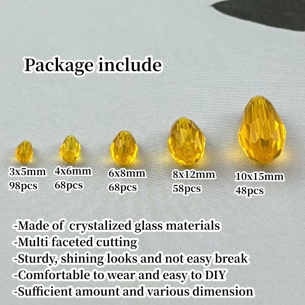 Xinhongo 340pcs Teardrop Crystal Glass Beads 3x5mm 4x6mm 6x8mm 8x12mm 10x15mm Vertical Hole Faceted Glass Spacer Beads for Necklace Bracelet Earrings DIY Jewelry Crafts(Gold Yellow)