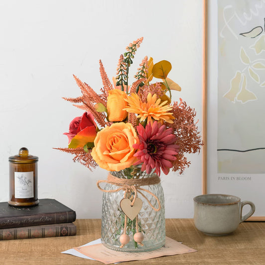 COZZI CODI Artificial Flowers with Vase, Faux Silk Flowers Arrangement in Vase, Rustic Home Office Decorations, Farmhouse Dining Table Decor, Coffee Table Centerpiece, Fall Table Plant Decor
