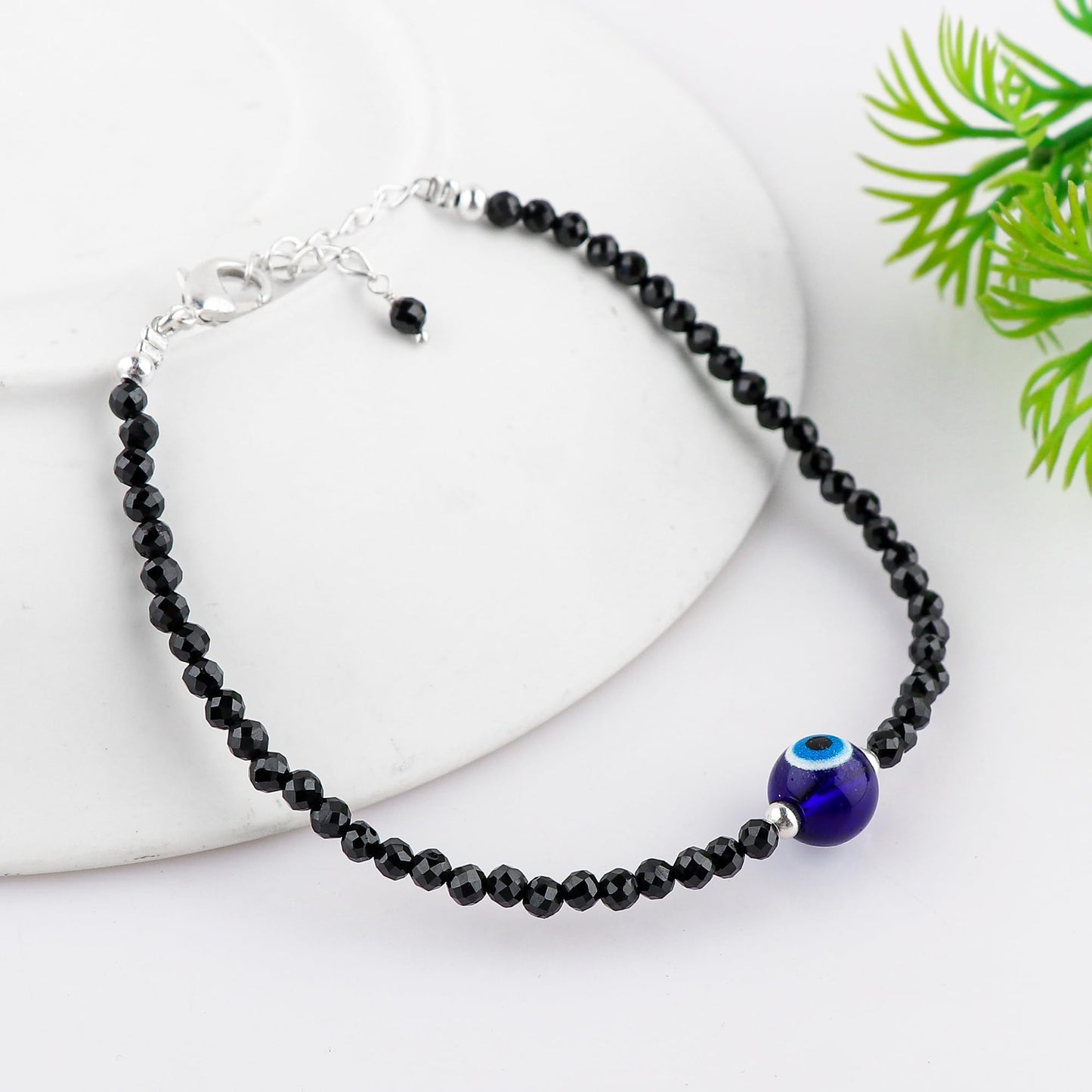 CRYSTALINES Natural Black Spinel Gemstone Bracelet, Faceted Beads Stones, Handmade Hypoallergenic Boho Jewelry for Women, Healing Crystals, Adjustable Silver Plated 7+1inch, Birthday Evil Eye Gift