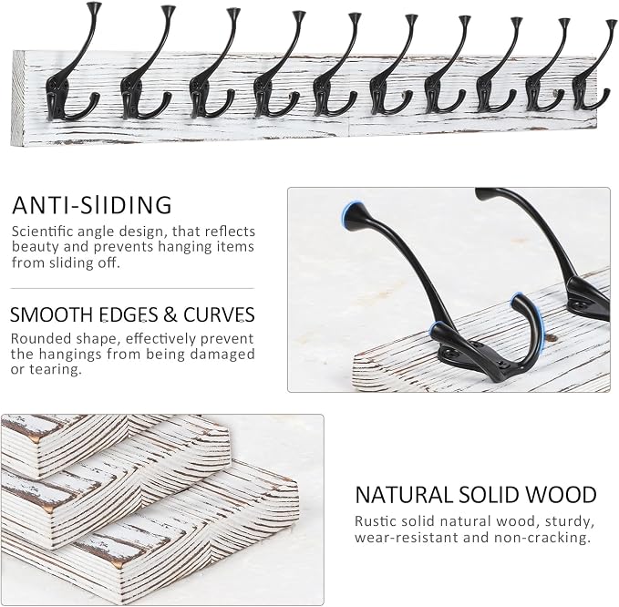IBosins 34'' Coat Rack Wall Mount with 10 Tri-Hooks, Heavy Duty, Vintage White Color Wood Coat Hanger, Rustic Coat Hooks Rail for Entryway Living Room Coat Scarf Bag Towel Hat