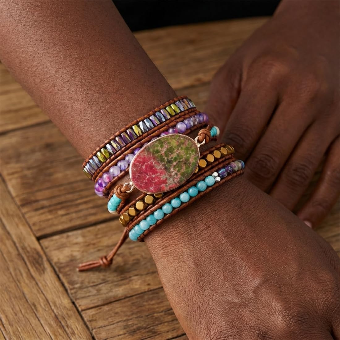 YGLINE Handmade Natural Regalite Jasper Stone 5 Strands Wraps Boho Statement Women Bracelet Collection