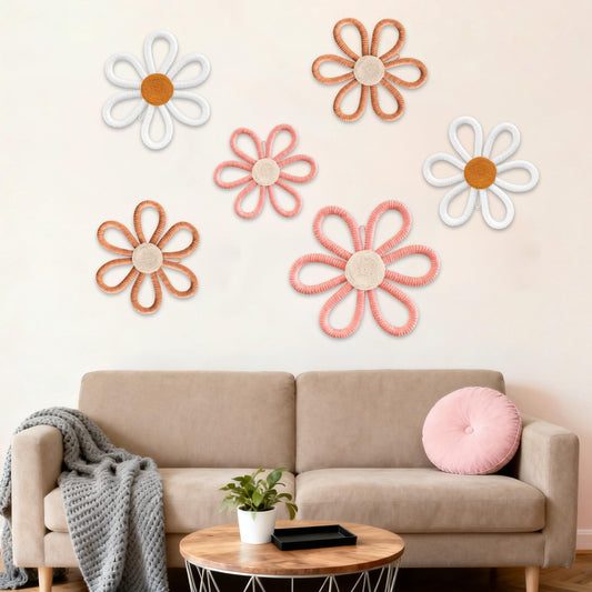 Vidroxin 6Pcs Boho Nursery Decor,Daisy Flower Woven Macrame Wall Hanging 3 Sizes,Floral Wall Art Bohemian Room Decor for Bedroom Above Bed,Home,Dorm,Office Decoration Set(Pink, Brown, White)