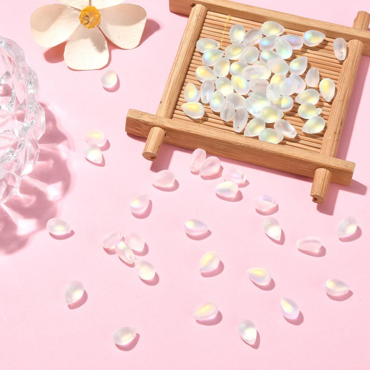 UR Urlifehall 100 Pcs Glass Teardrop Charms Frosted Transparent Spray Painted Glass Beads Clear AB Color Plated Beads for Jewelry Accessories