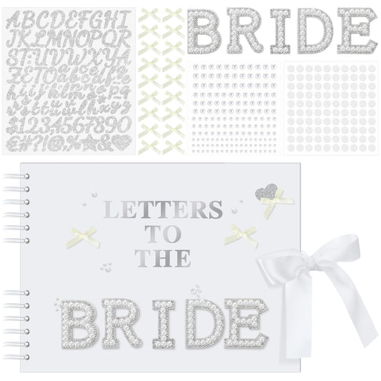 Fuyoooo 11.5 x 8.5 Inch Letters to the Bride Scrapbook Wedding Memory Book Bridal DIY Blank Paper Scrapbook Photo Album Guest Book Sign with Pearl Stickers, Metallic Letters, Bows (White)