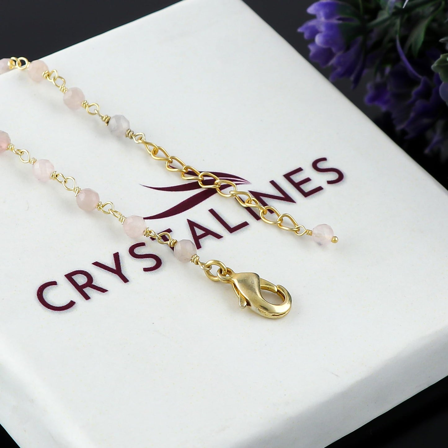 CRYSTALINES Natural Rose Quartz Gemstone Cluster Bracelet, 14K Gold Plated Rosary Chain Beads, Handmade Bohemian Jewelry for Women, Healing Crystals, Birthday Christmas Gift, 8"