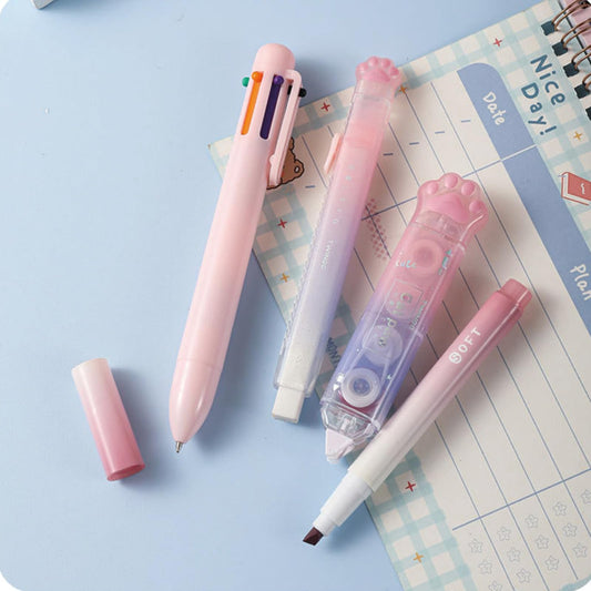 MOZXIRZ 9 Pcs Cute Pink Stationery Set Cat Paw School Supplies Kawaii Office Supplies Including Pens Pencil Sharpener Highlighter Eraser Correction Tape Ruler Utility Knife (Cat Paw-Pink)