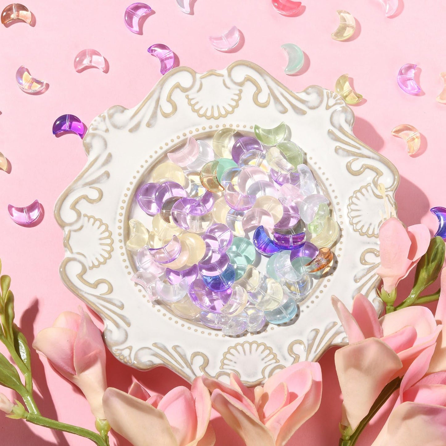 LiQunSweet 100 Pcs Transparent Glass Crystal Loose Beads Crescent Moon Beads for Jewelry Making Bracelet DIY Craftings