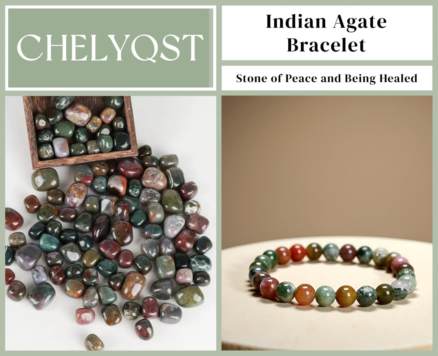 CHELYQST Indian Agate Bracelet - Stone of Peace and Being Healed,Stretch Natural Stone Crystal Beads Jewelry Gifts for Women Men Unisex Adult,8mm