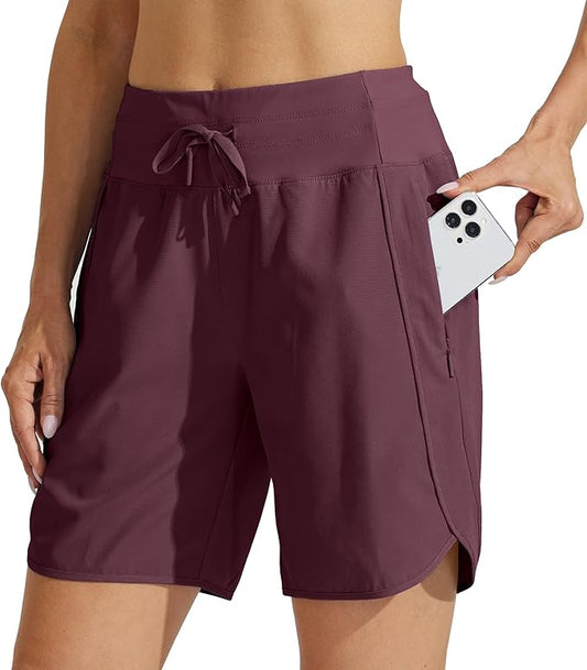 Willit Women's 7" Athletic Running Shorts Long Workout Hiking Shorts Quick Dry High Waisted Active Zipper Pocket(Large)