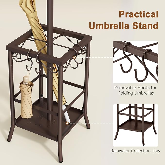 Hoctieon Coat Rack Freestanding, Coat Tree with Umbrella Holder, Metal Coat Rack Stand with 12 Hooks, Standing Coat Hanger Stand, Umbrella Stand for Entryway, Hat Rack Stand for Home Office, Brown